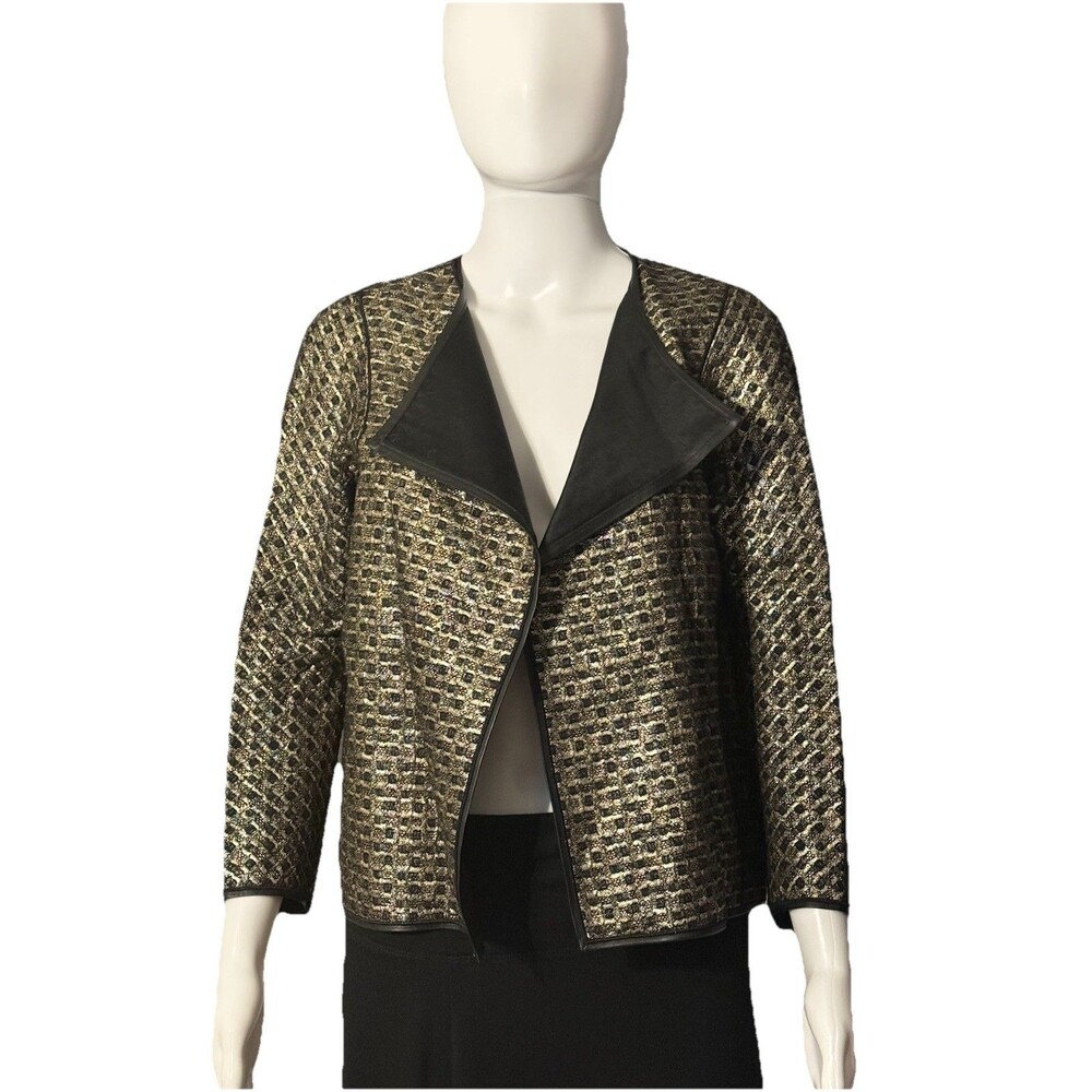 Lafayette 148 Cropped Leather Trim Gold Metallic Jacket Open Front  SZ P = S